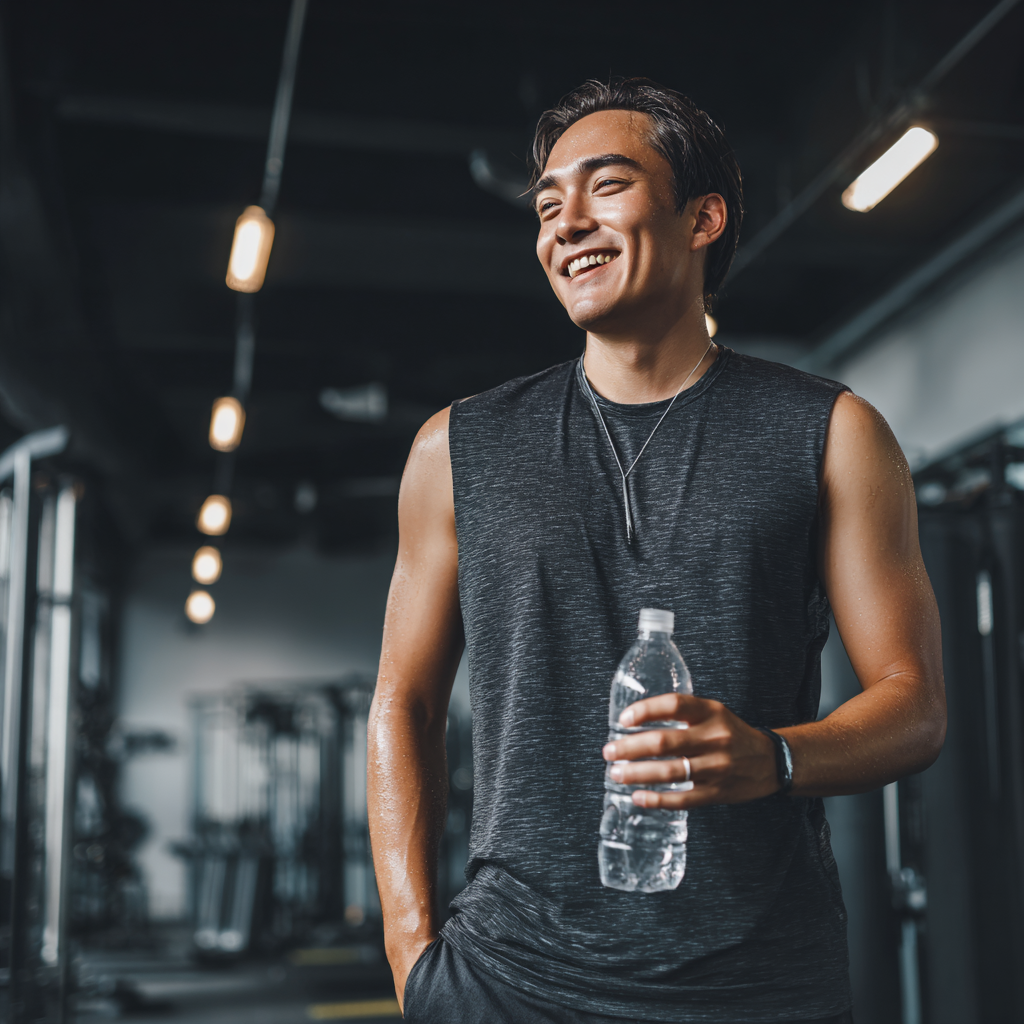 Ofis ishchisi, o'rta yoshli o'zbek ayol kompyuter oldida o'tirgandan keyin fitnes mashqlari qilayotgan, tabassum qilayotgan