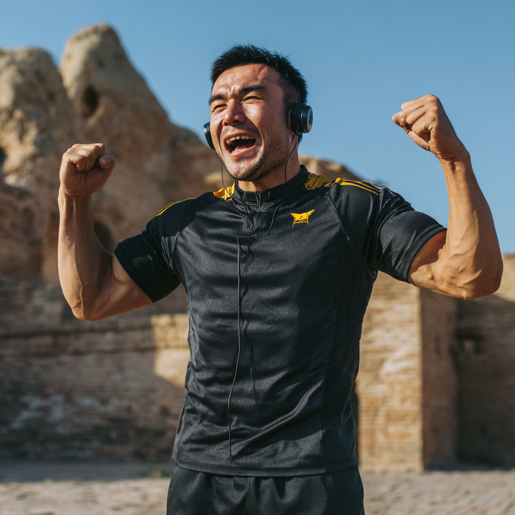 Katta yoshli o'zbek erkagi fitnes natijalaridan mamnun bo'lib, kuchli va sog'lom ko'rinayotgan, tabassum qilayotgan